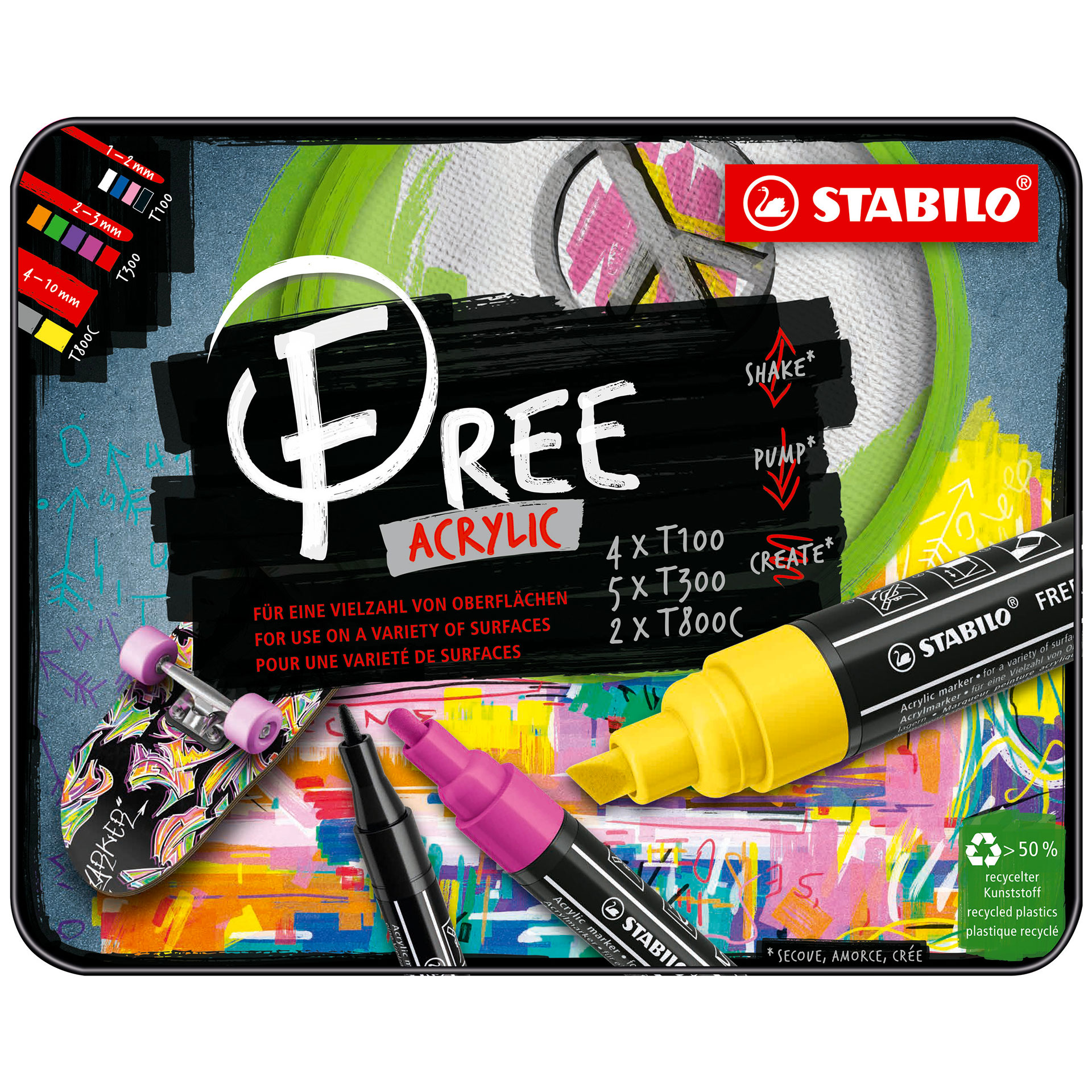 STABILO FREE Acrylic Starter Set - Pack da 11 - 4x T100, 5x T300, 2x T800C - Col, , large