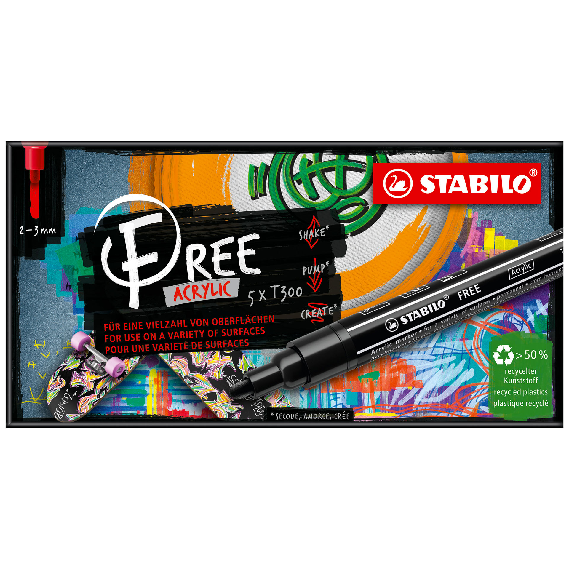 Stabilo Free Acrylic - T300 Punta Rotonda 2-3mm - Confezione Da 5 - Arancione, , large