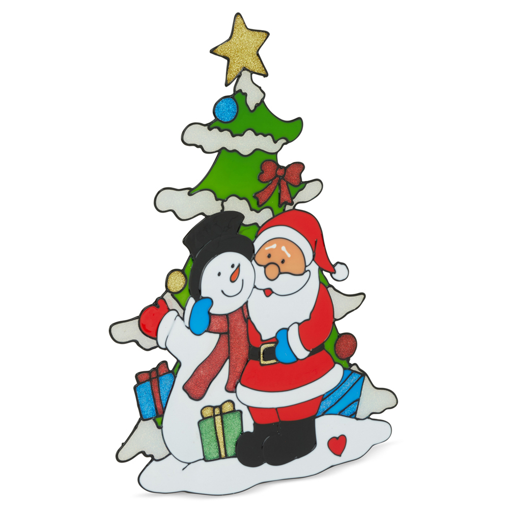 Vetrofania Natalizia - Babbo Natale Con Pupazzo Di Neve E Abete, , large