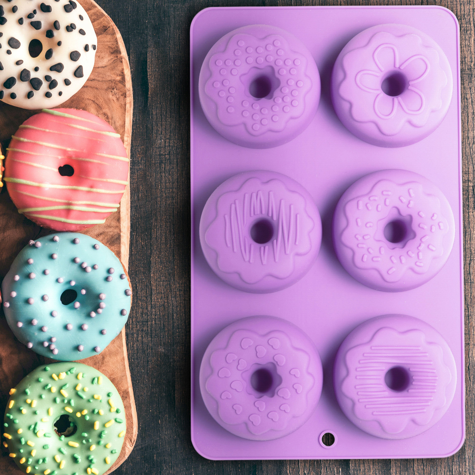 Stampo in silicone per 6 donut con decorazioni, , large