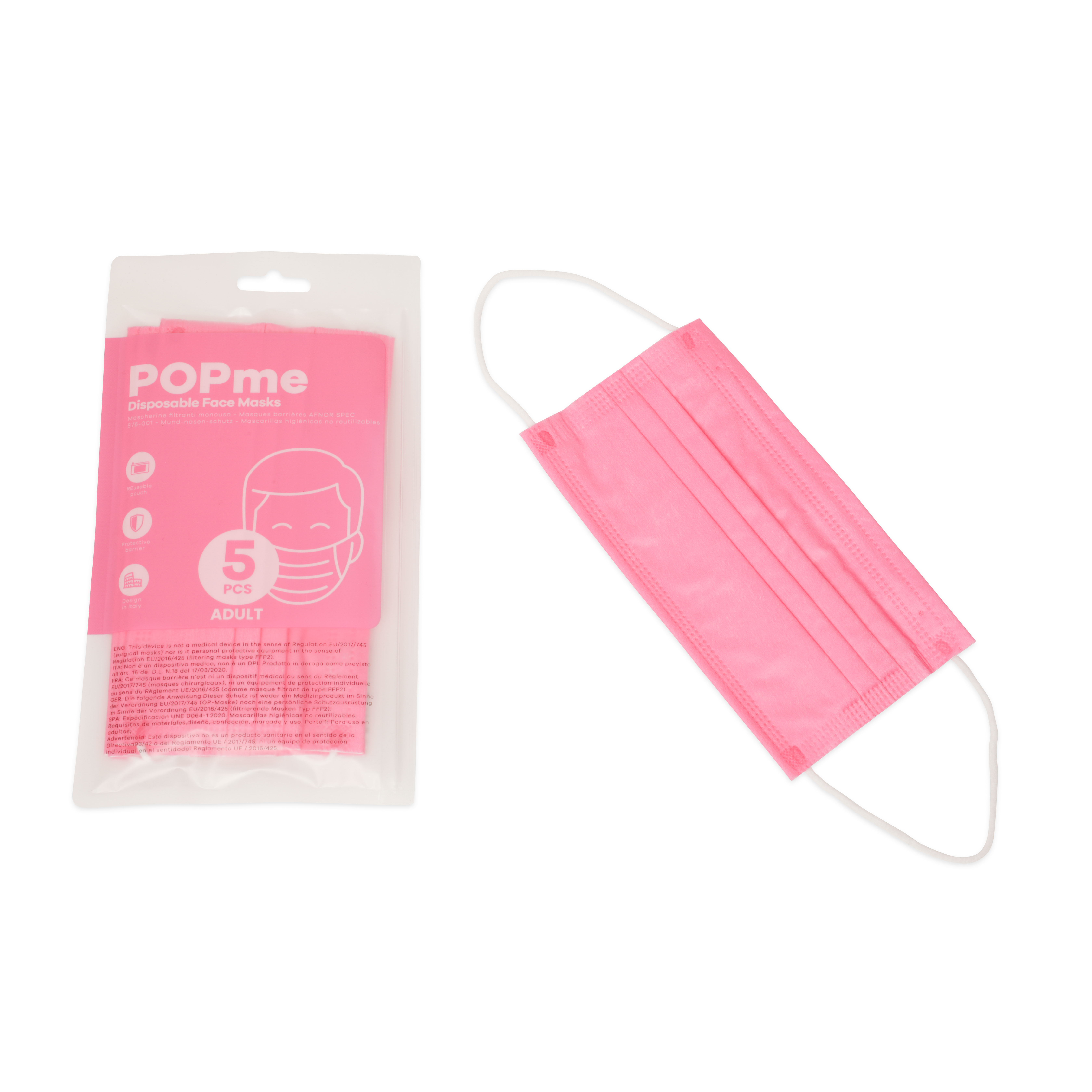 Mascherine facciali monouso per adulti set da 5 pz, rosa, rosa, large