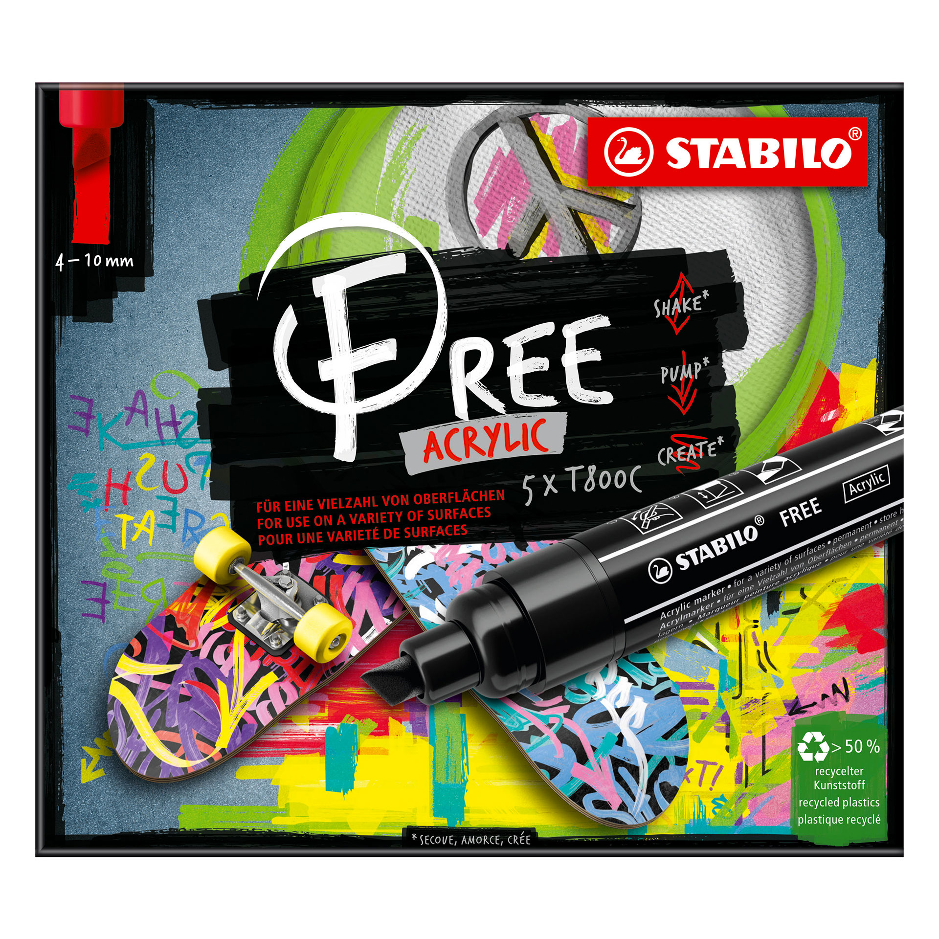 Stabilo Free Acrylic - T800c Punta A Scalpello 4-10mm - Confezione Da 5 - Carmin, , large