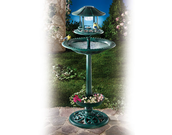 Fontana per uccellini con luce solare, mangiatoia e portapiante, , large