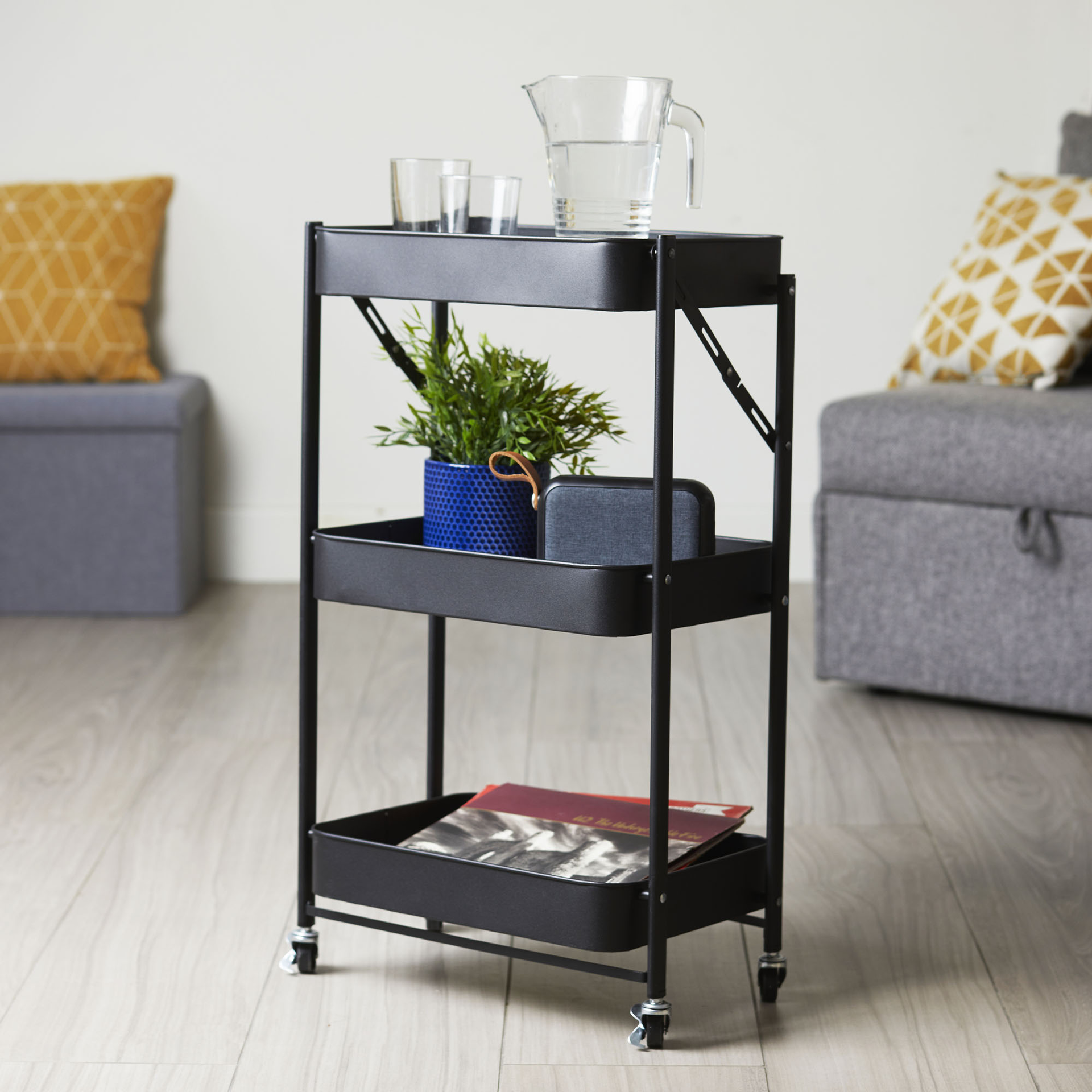 Carrello pieghevole a 3 ripiani, colore nero, , large