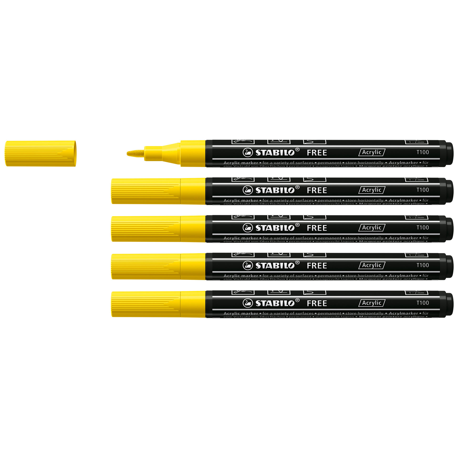 Stabilo Free Acrylic - T100 Punta Rotonda 1-2mm - Confezione Da 5 - Giallo, , large