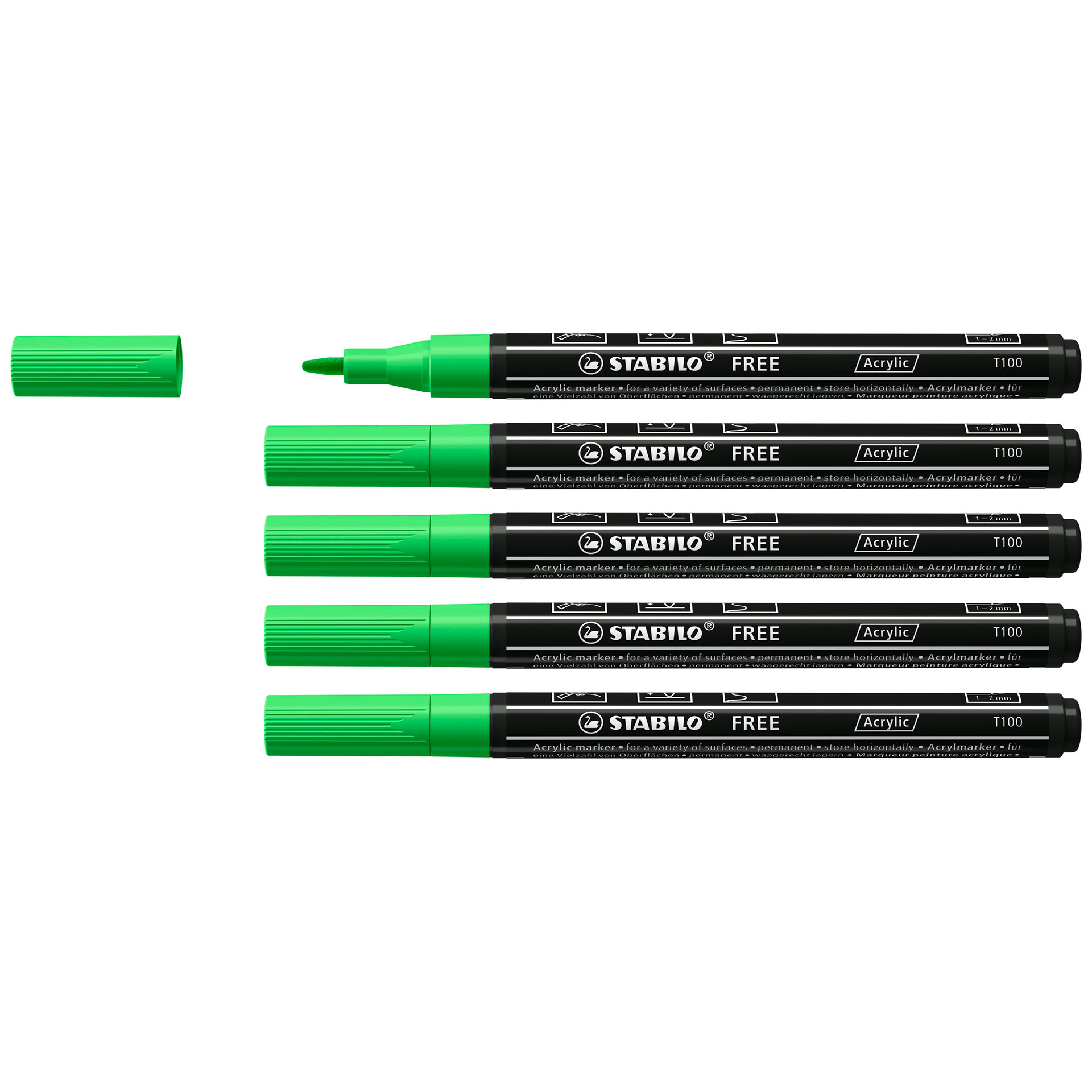 Stabilo Free Acrylic - T100 Punta Rotonda 1-2mm - Confezione Da 5 - Verde Foglia, , large