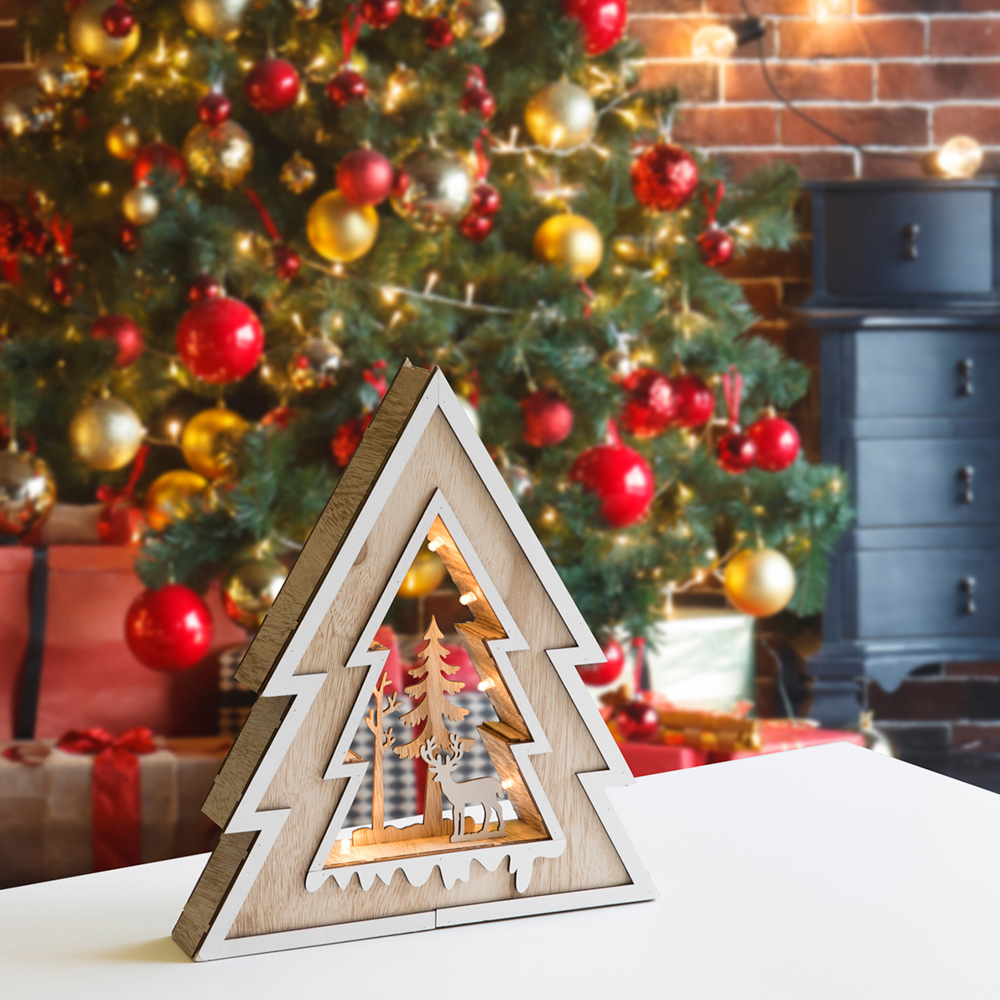 Decorazione in legno a forma di albero di Natale con luci, , large
