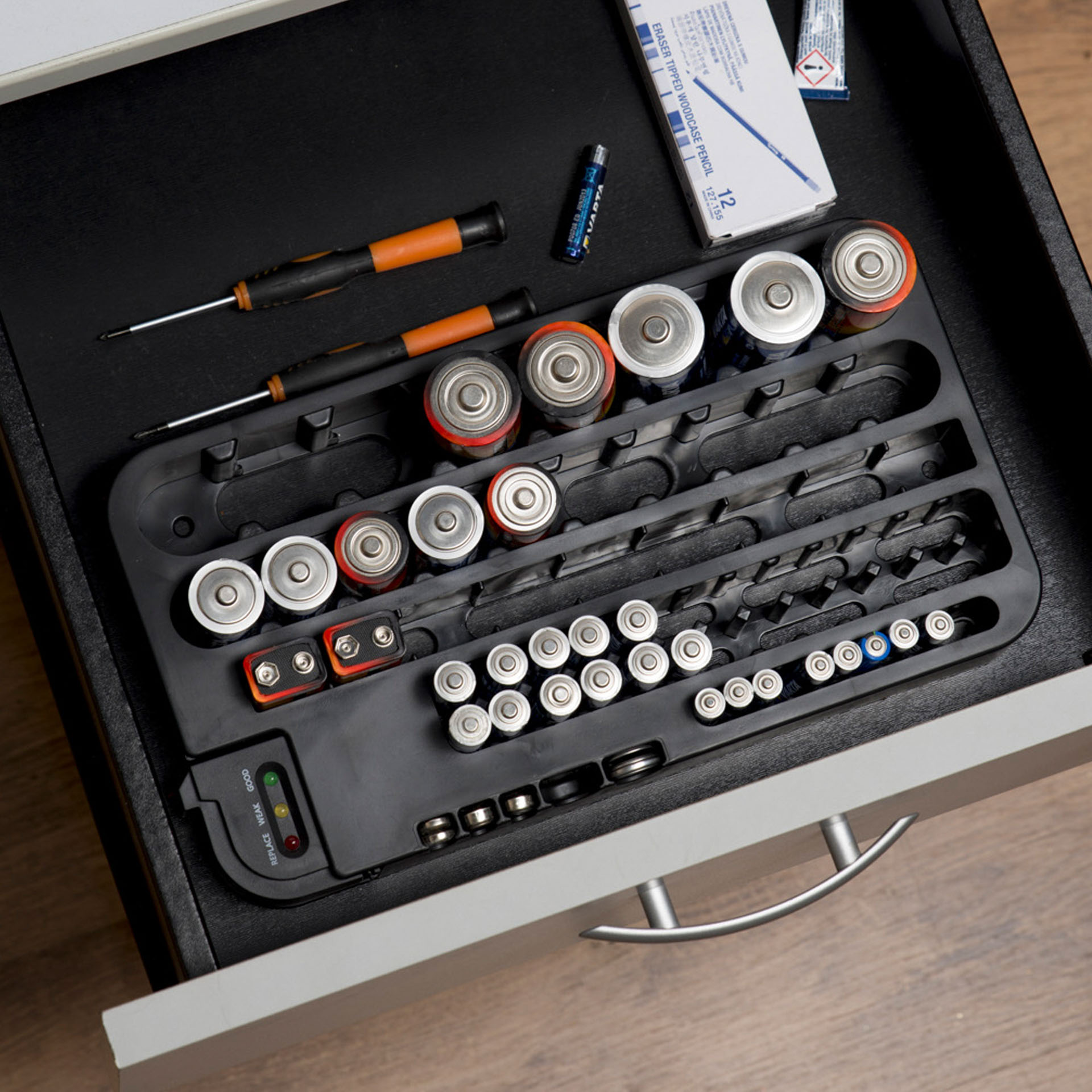 Organizzatore Per Batterie Con Tester Integrato Removibile, , large
