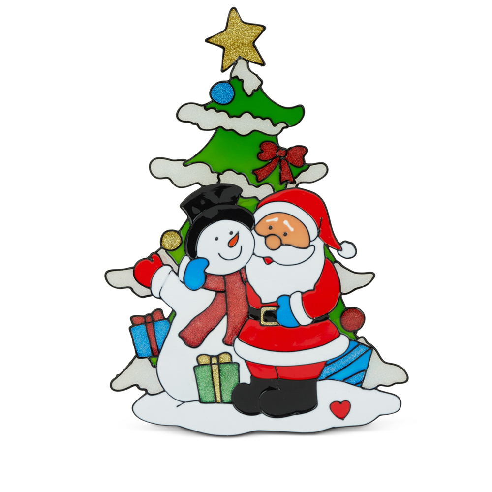 Vetrofania natalizia Babbo Natale con pupazzo di neve e abete, , large