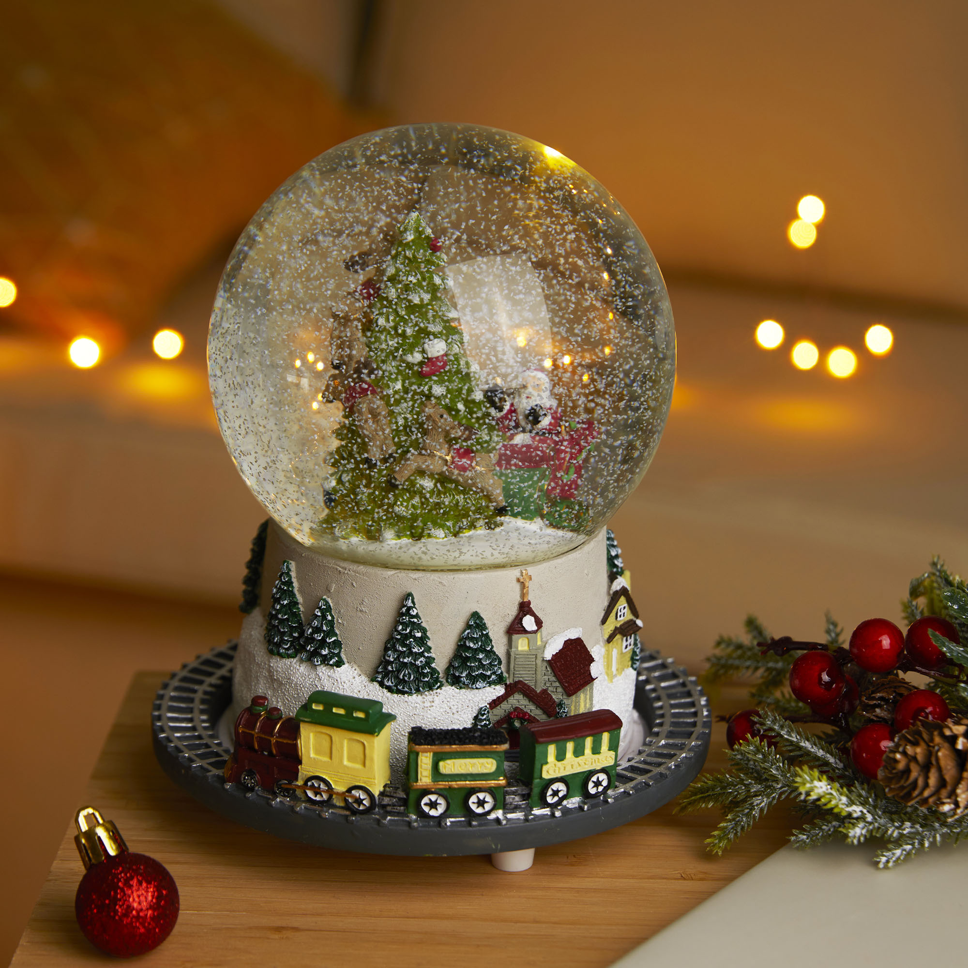 Palla Di Neve Musicale Con Albero E Glitter 21 Cm Luci LED Cambia Colore, Regalo Natale