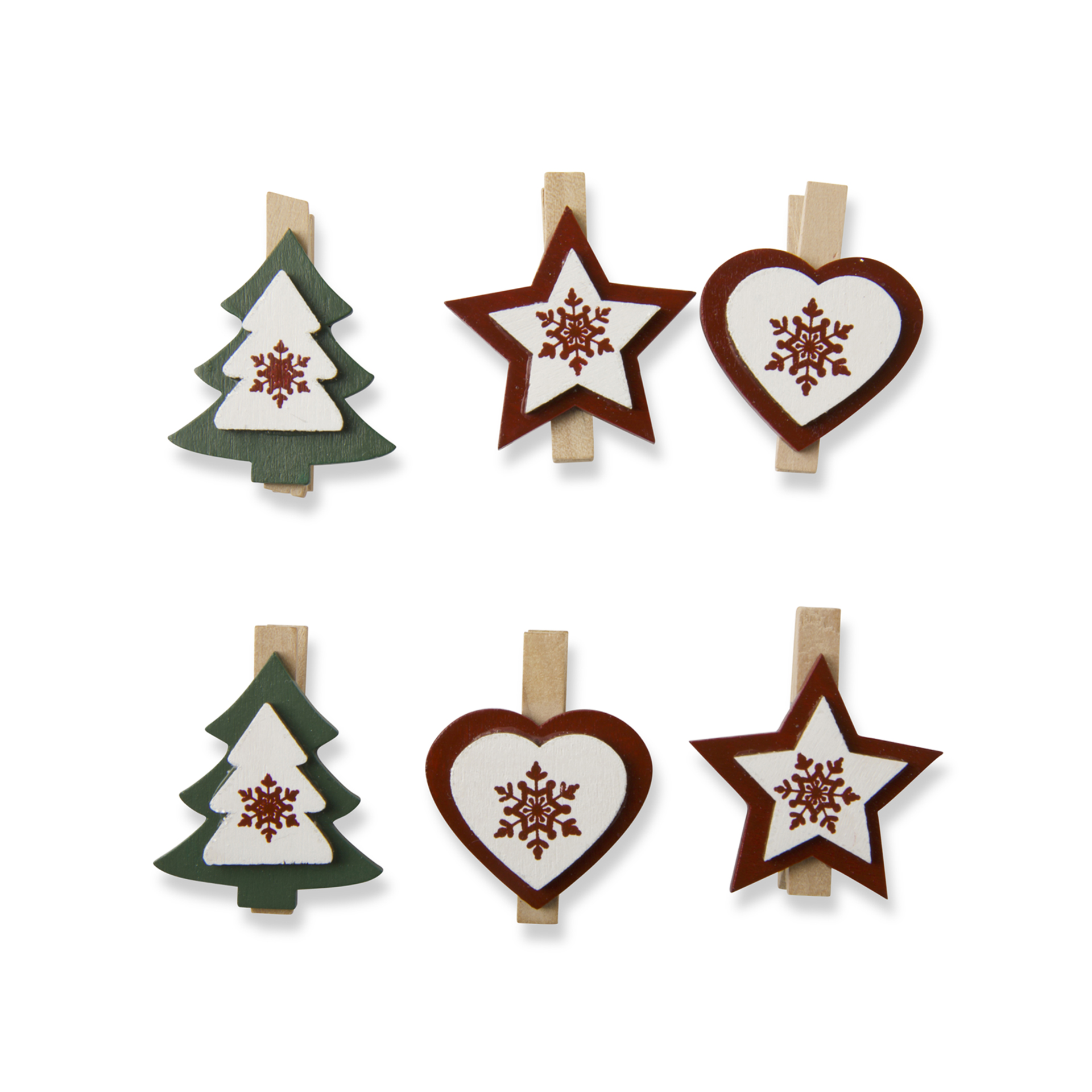 Mollette Natalizie – “fiocchi Di Neve Con Sagome Cuore, Abete, Stella” – Set 6 Pz., , large