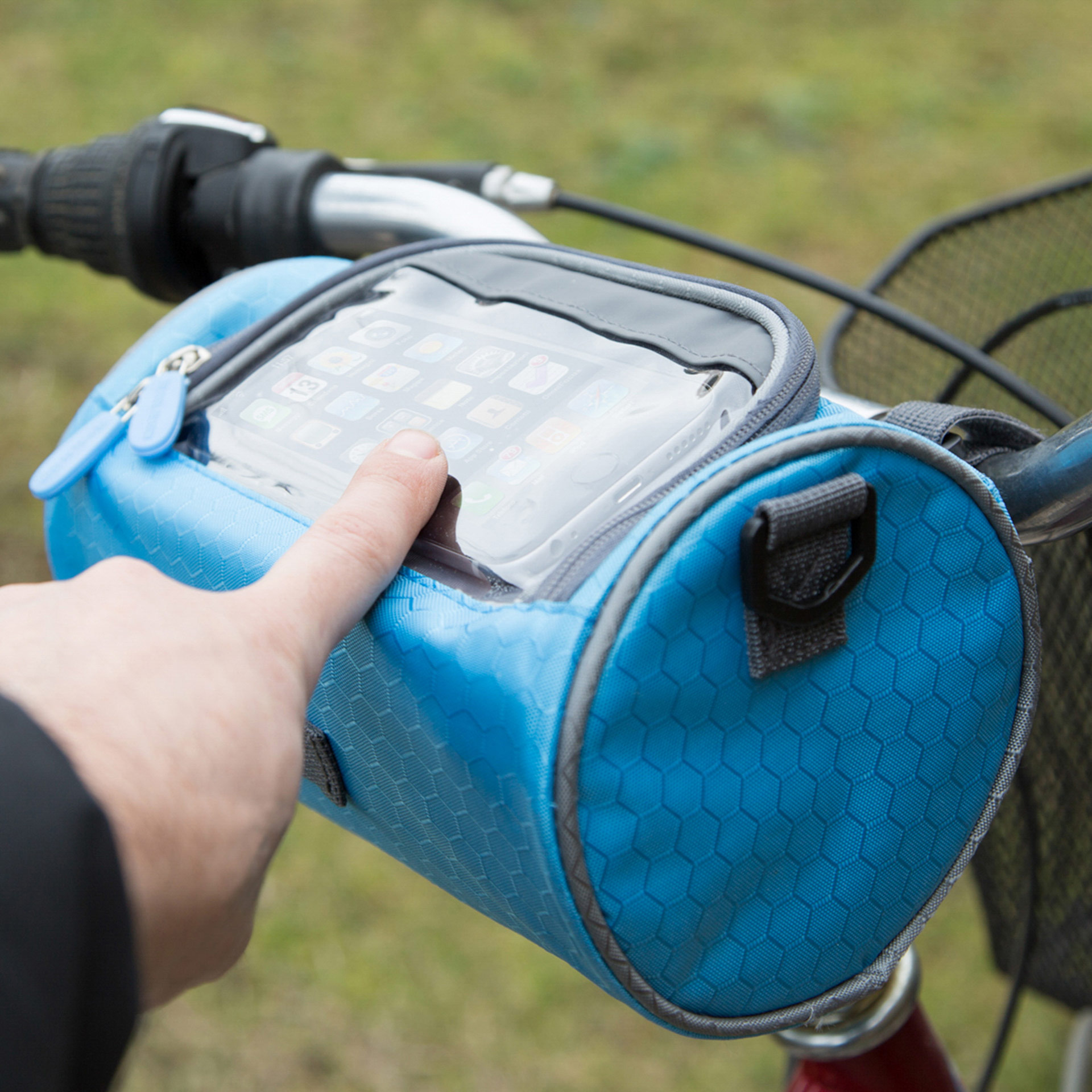 Borsa da bicicletta con porta smartphone colore azzurro, azzurro, large