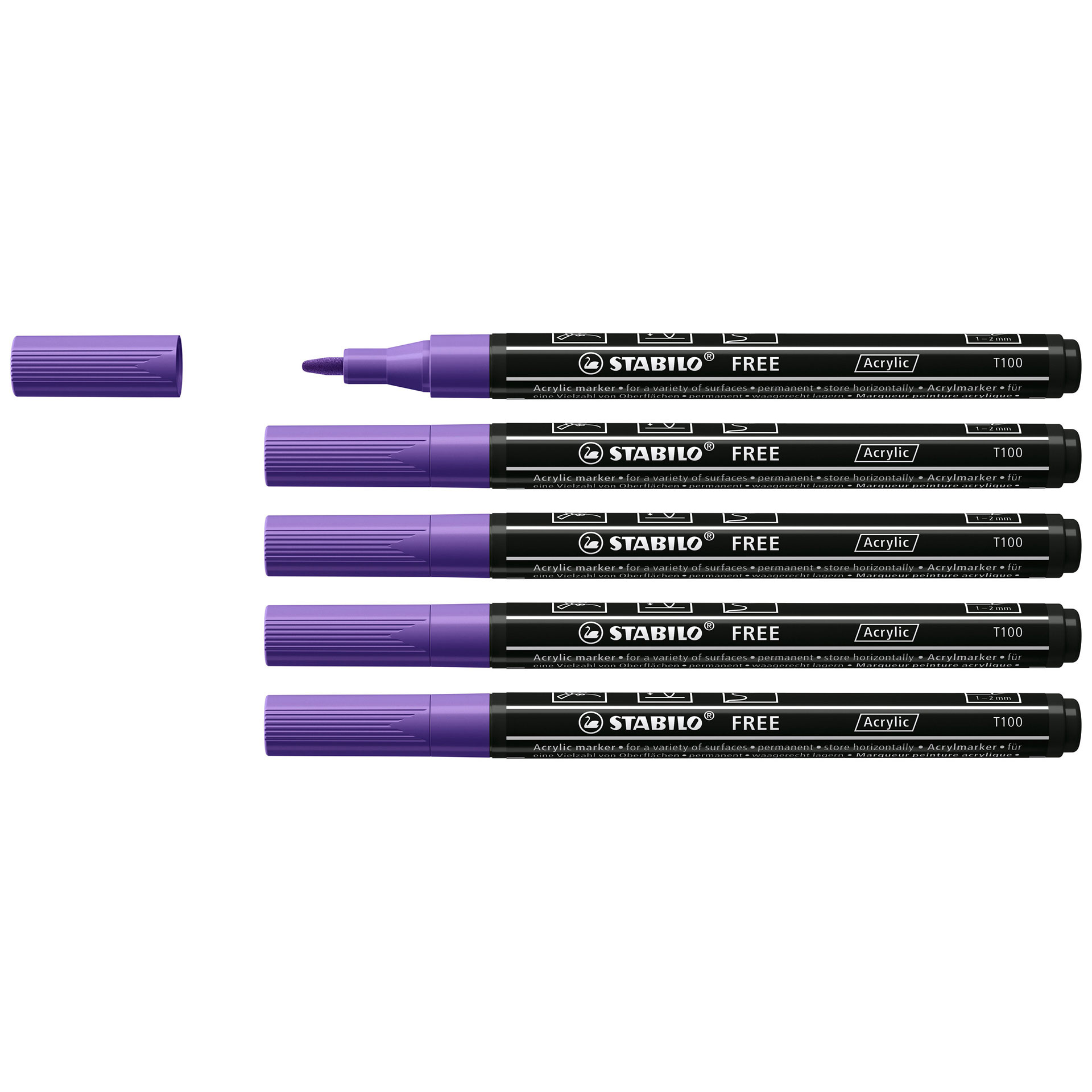 Stabilo Free Acrylic - T100 Punta Rotonda 1-2mm - Confezione Da 5 - Viola, , large