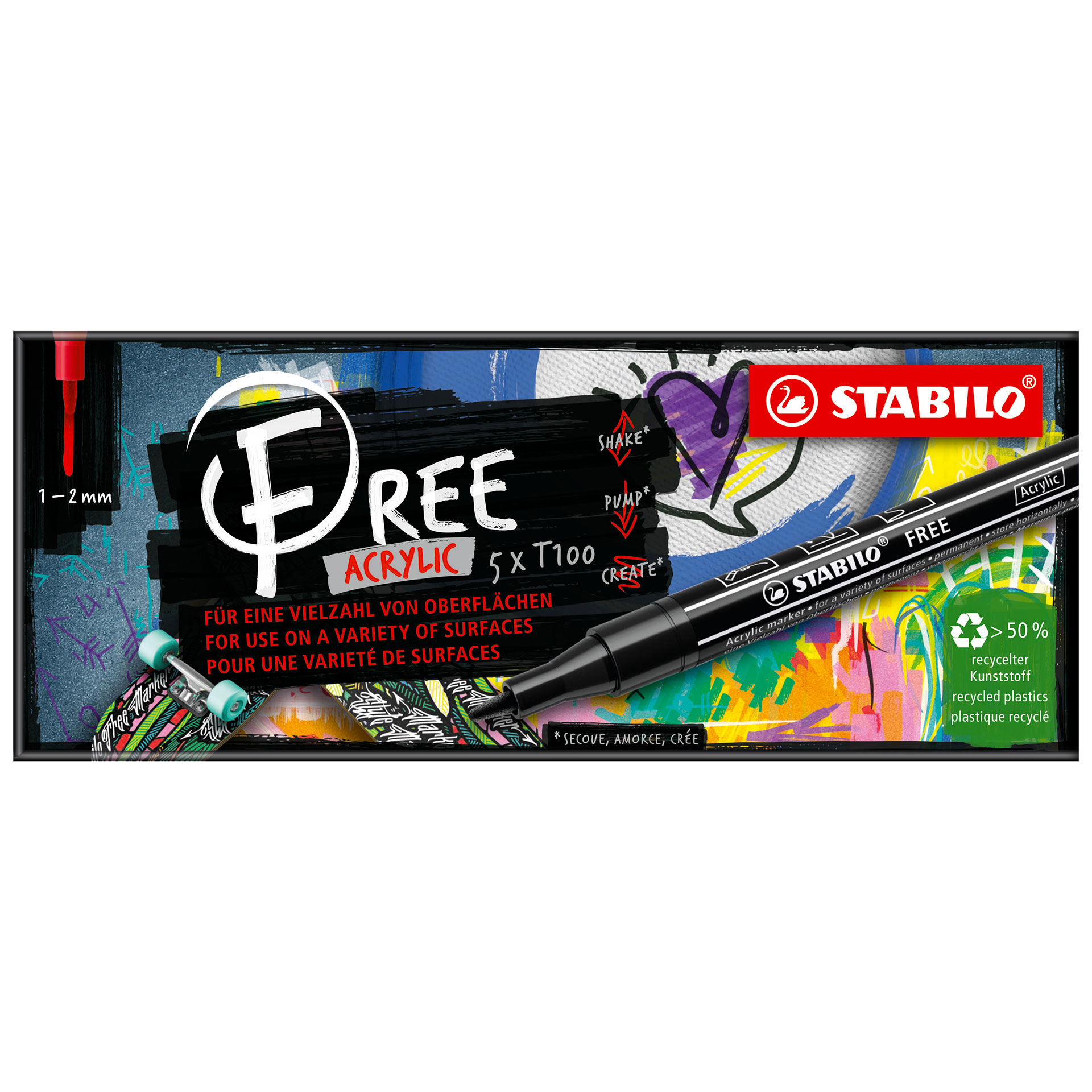 STABILO FREE Acrylic - T100 Punta rotonda 1-2mm - Confezione da 5 - Carminio, , large