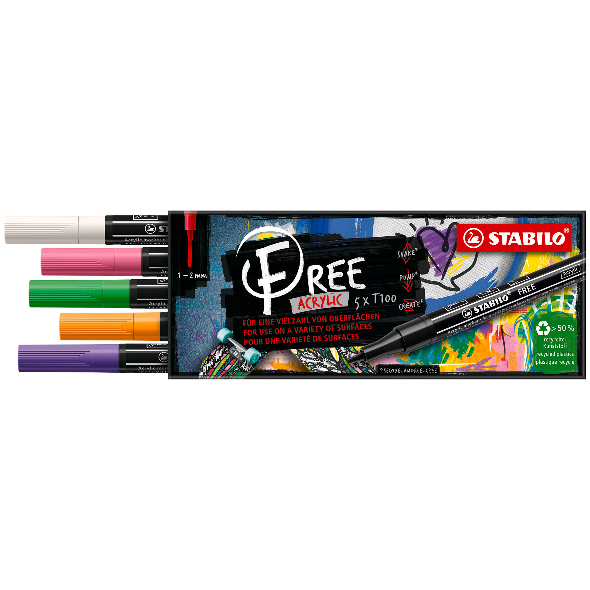STABILO FREE Acrylic - T100 Punta rotonda 1-2mm - Spring Edition - Astuccio da 5, , large