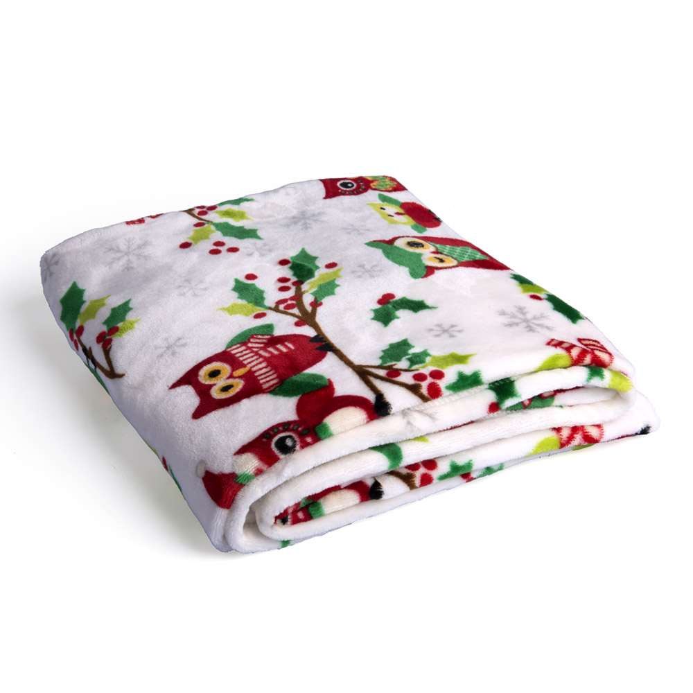 Coperta natalizia in pile con gufi per letto singolo, , large