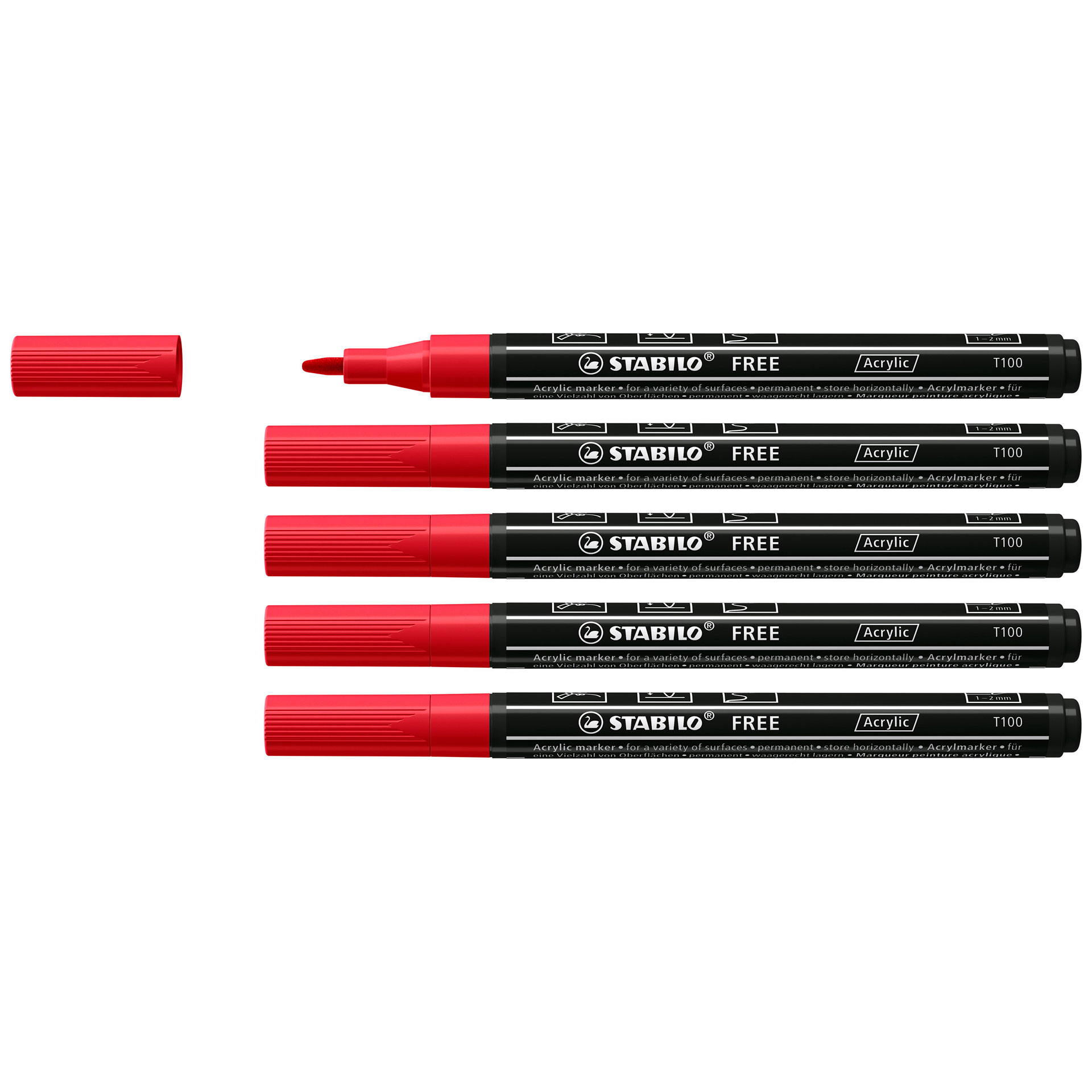 STABILO FREE Acrylic - T100 Punta rotonda 1-2mm - Confezione da 5 - Carminio, , large
