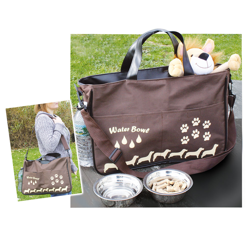 Borsa per accessori cane con 2 ciotole