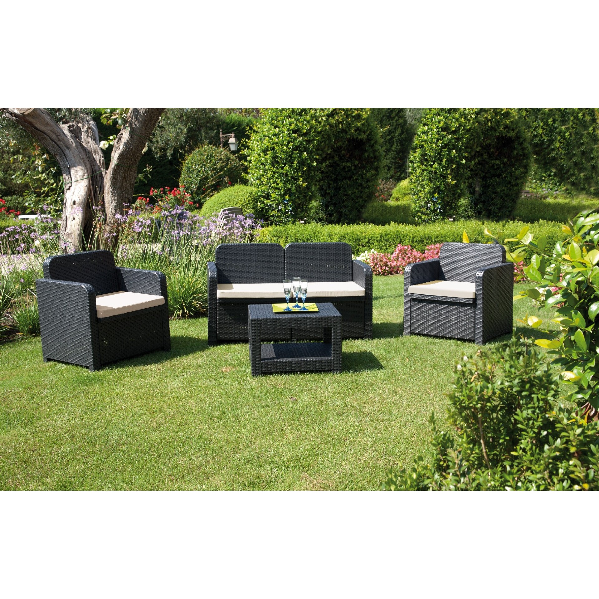 HOMEMANIA Set da Giardino Ancona Set da 1 Divano 2 Poltrone 1 Tavolino 4 posti, , large