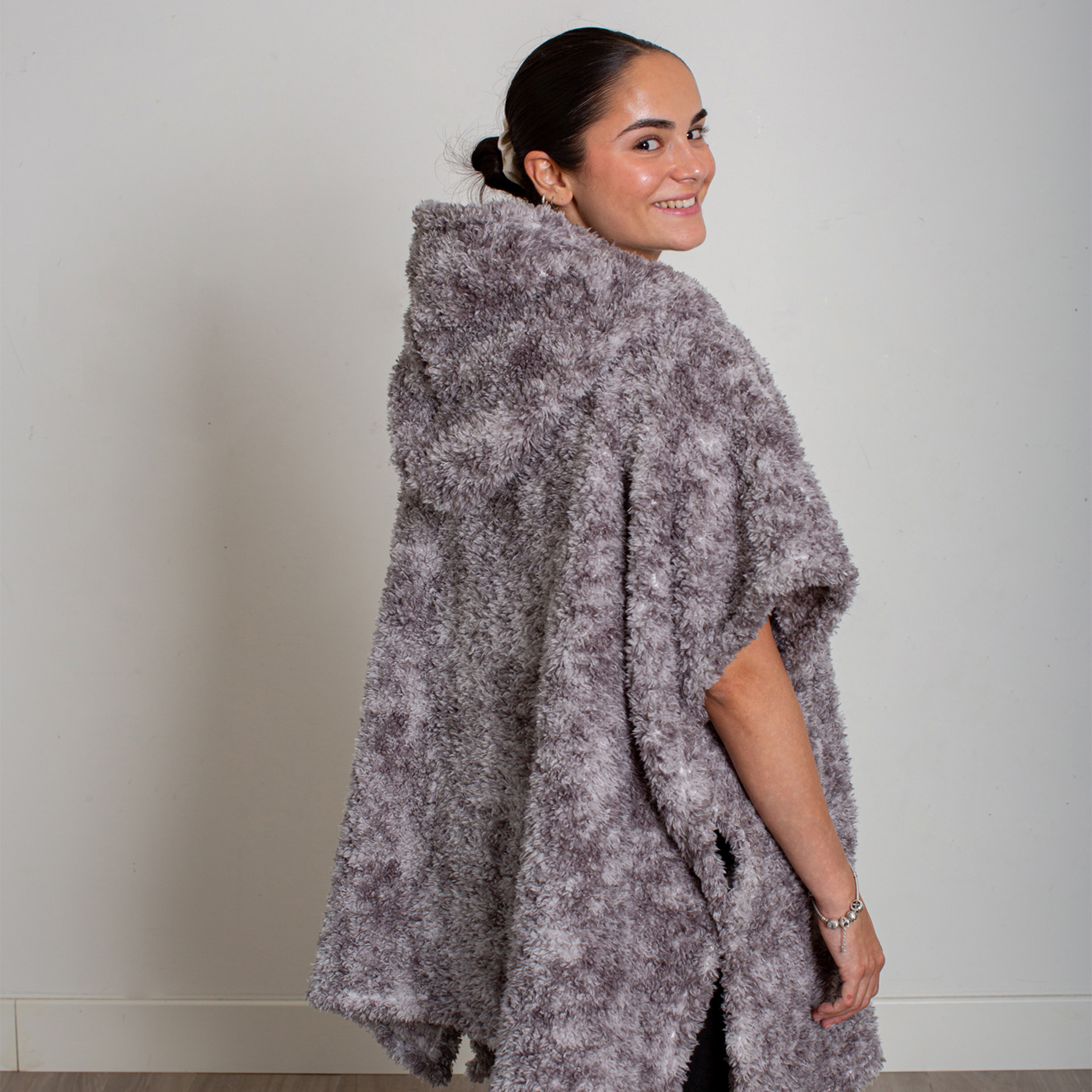 Felpa Poncho In Pile Con Cappuccio, , large