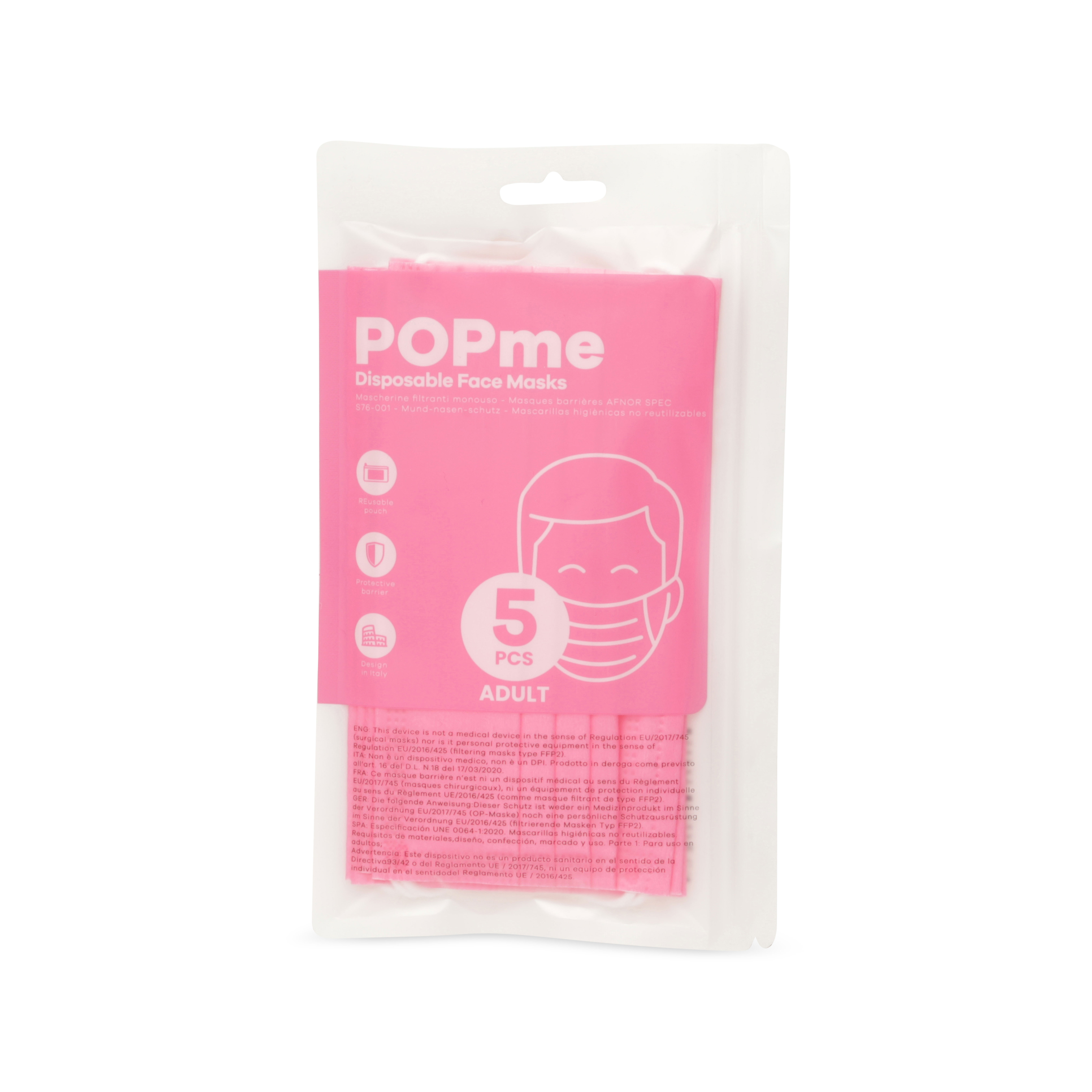 Mascherine facciali monouso per adulti set da 5 pz, rosa, rosa, large