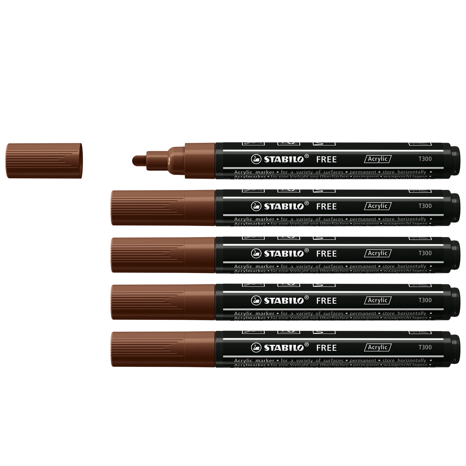 STABILO FREE Acrylic - T300 Punta rotonda 2-3mm - Confezione da 5 - Marrone, , large