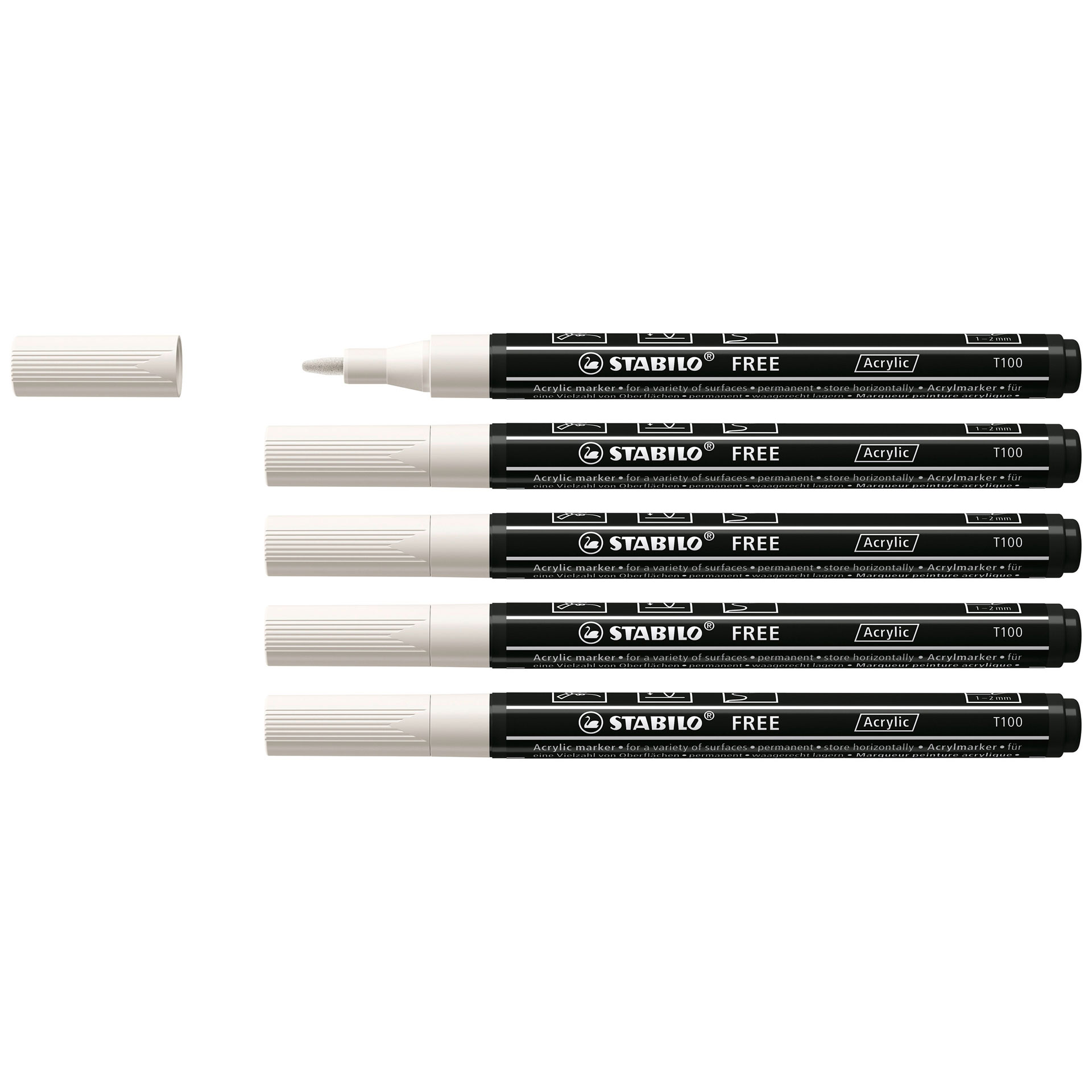 STABILO FREE Acrylic - T100 Punta rotonda 1-2mm - Confezione da 5 - Bianco, , large