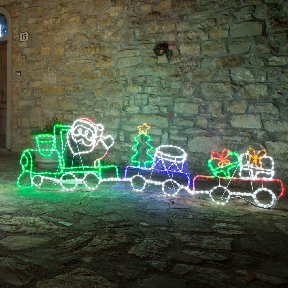 Decorazione natalizia luminosa da esterno Babbo Natale con treno, , large