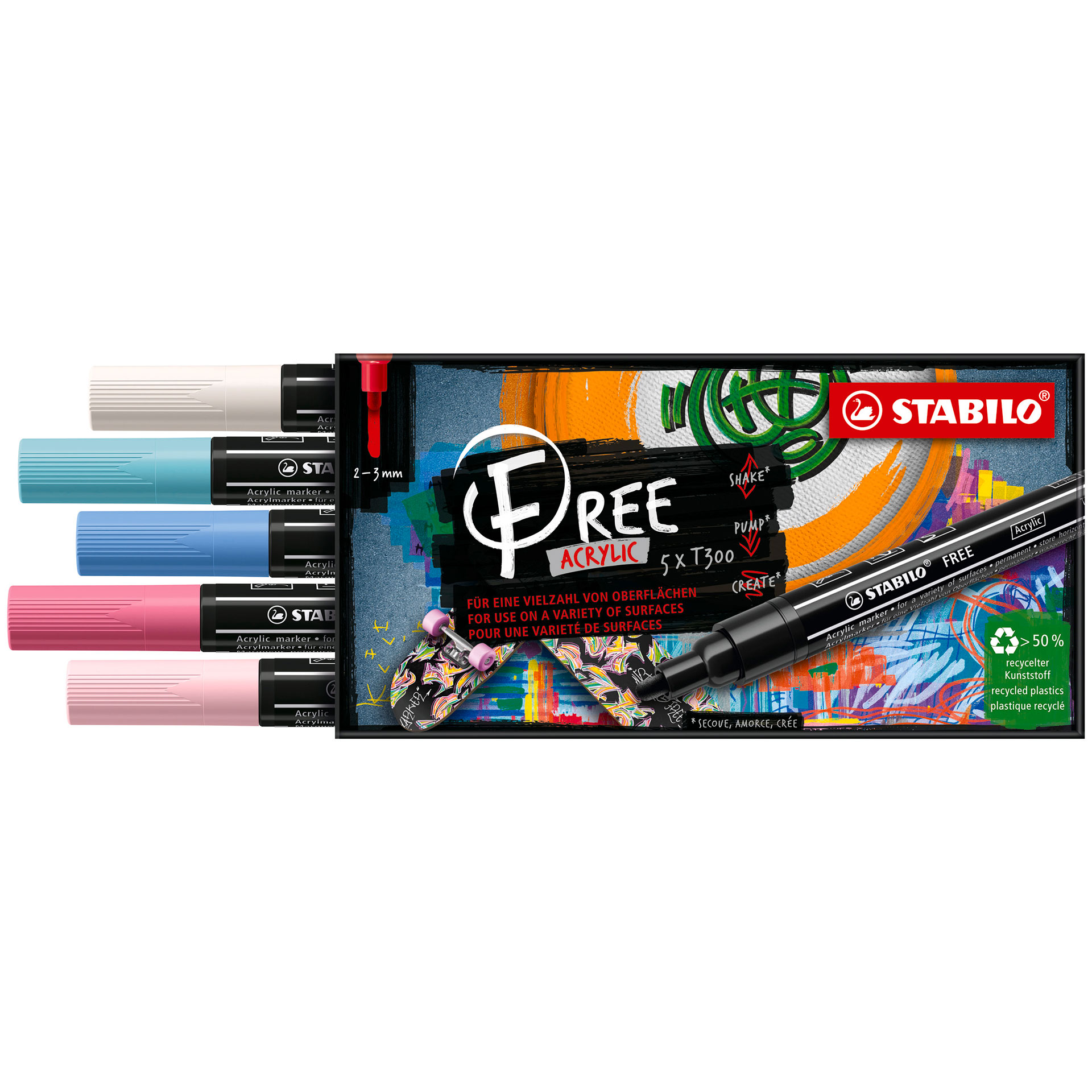 Stabilo Free Acrylic - T300 Punta Rotonda 2-3mm - Candy Edition - Astuccio Da 5, , large