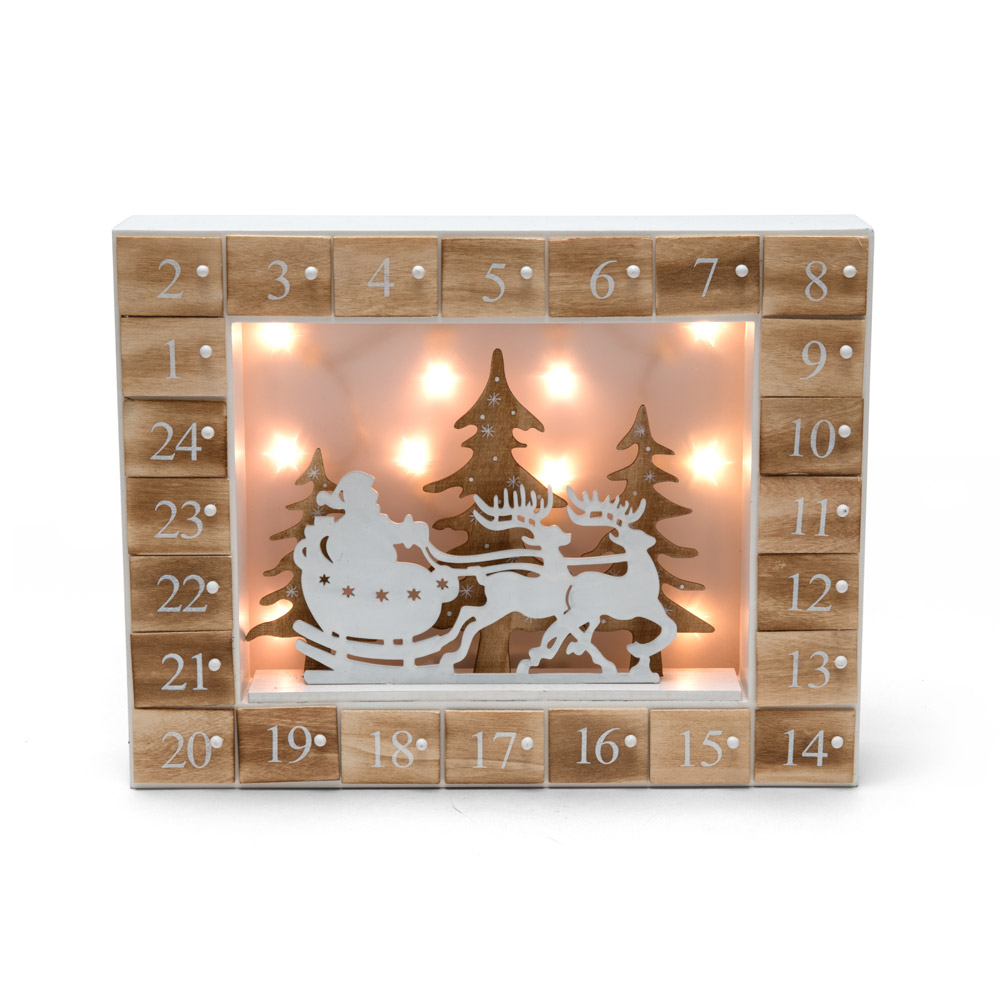 Calendario dell'avvento paesaggio natalizio in legno con LED, , large