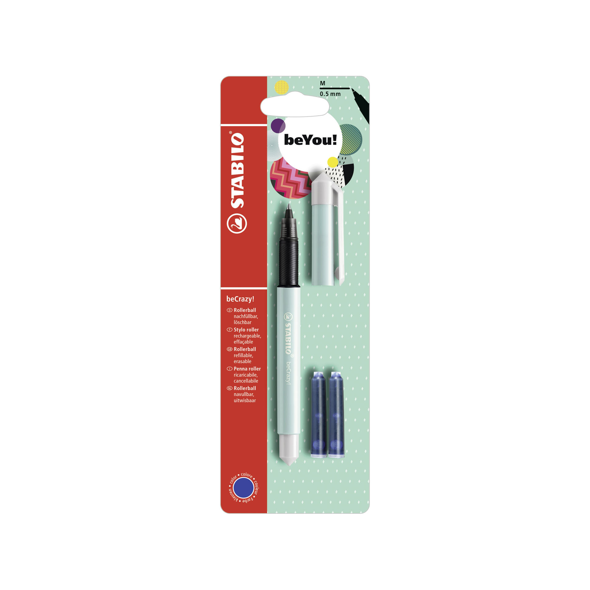 Penna Roller - STABILO beCrazy! Pastel in Turchese - 3 Cartucce Blu incluse, , large